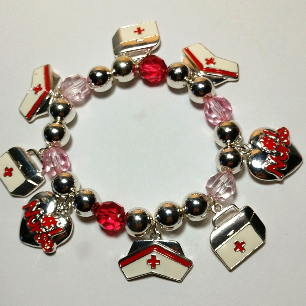 Nurse Charm Bracelet LAST ONE Silver/Red Beads Heavy Stretch Cord NWT